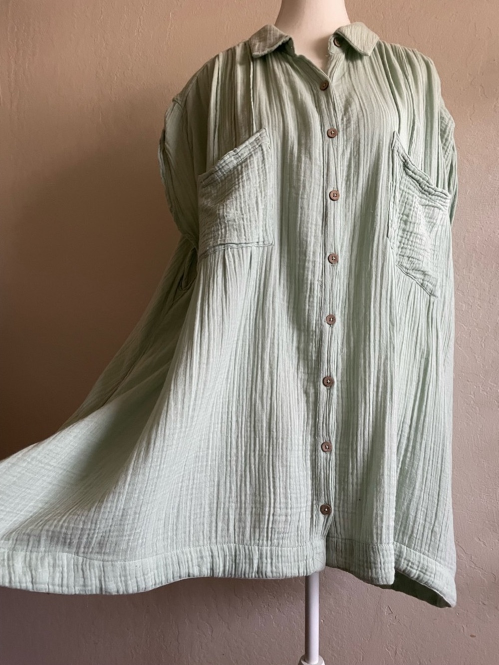 Free People Light Sage Green Button-Front Gauze Tunic